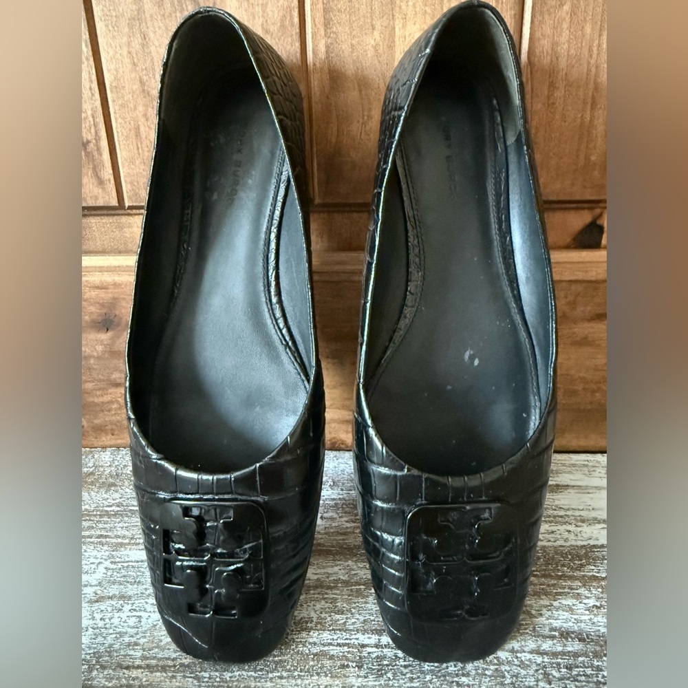 Tory Burch Perfect Blk Georgia Ballet Flats‎ Croc Patent Leather Square Toe 8.5 - Picture 5 of 10